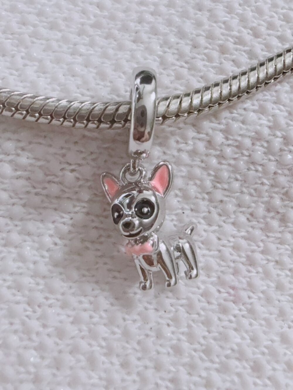 Chihuahua Dog Charm Silver Pink Bow Tie Animal Puppy Charm For Pandora Bracelet